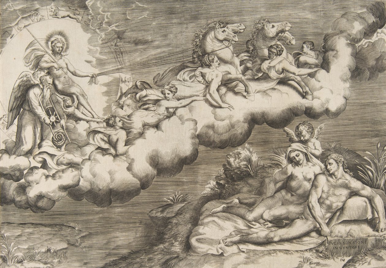 Allegoria nousevasta auringosta, alaston miehestä, jolla on käärinliina ja mukana Isä-aika..., 1531-76. tekijältä Giulio Bonasone