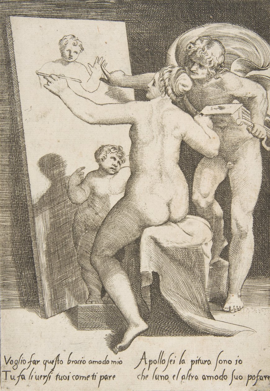 Apollo seisoo naisen vieressä, joka edustaa maalausallegoriaa, elokuvasta The Loves..., 1531-60. tekijältä Giulio Bonasone