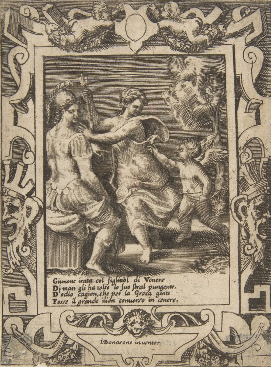 Athena istuu lähellä Junoa, joka on vienyt pois Cupidon nuolet, asetettu taidokkaaseen kehykseen..., 1531-76. tekijältä Giulio Bonasone