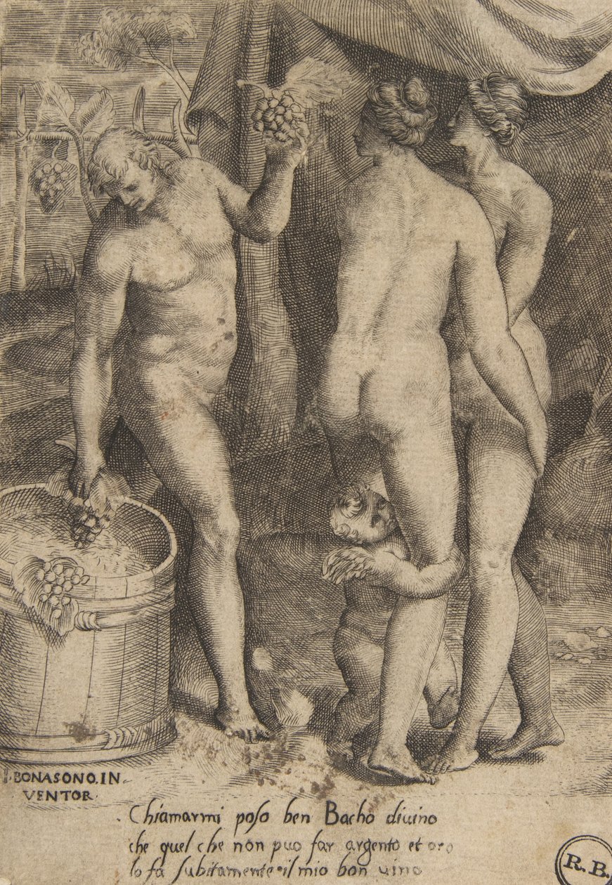 Bacchus antaa rypäleitä naisille, teoksesta The Loves of the Gods, 1531-60. tekijältä Giulio Bonasone