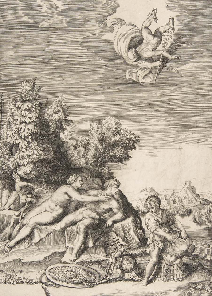 Calypso, joka yrittää vangita Ulyssesta lapsena, valmistaa panssarinsa oikealle ja Mercury fa..., 1531-76. tekijältä Giulio Bonasone