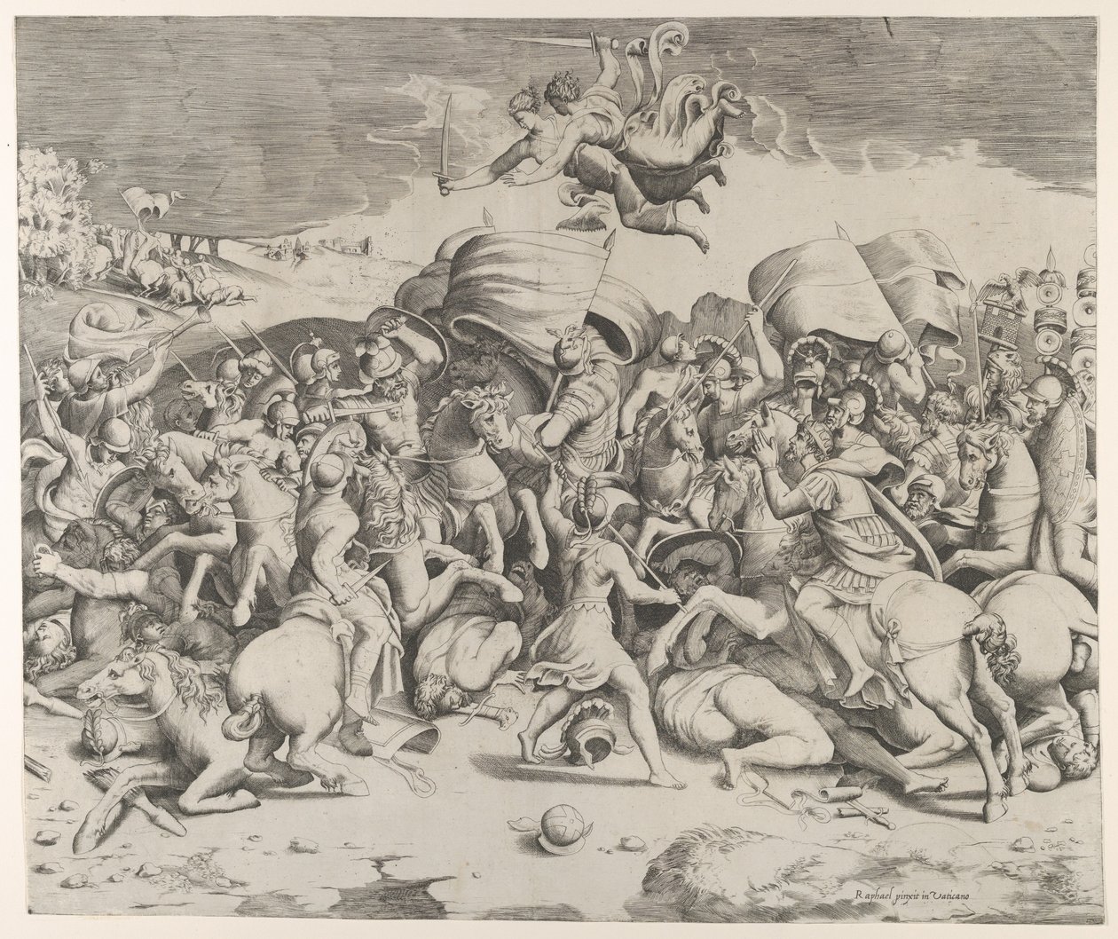 Constantine voitti tyranni Maxentiuksen, miekkoja kantavat enkelit lentävät yllä, 1544, 1544. tekijältä Giulio Bonasone