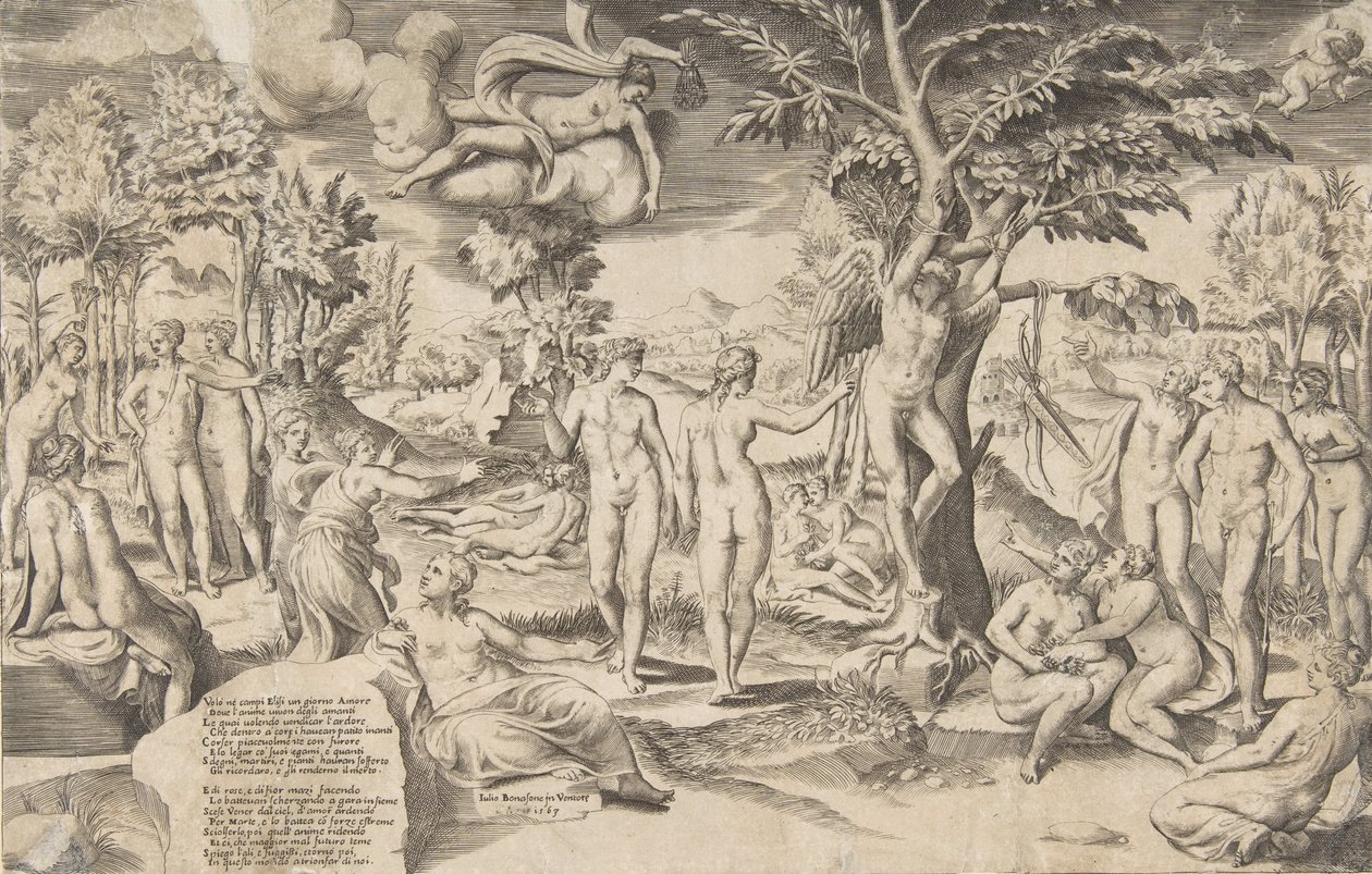 Amor Elysian kentillä keskellä puuhun sidottuna, ympäröi monia hahmojani, 1563. tekijältä Giulio Bonasone
