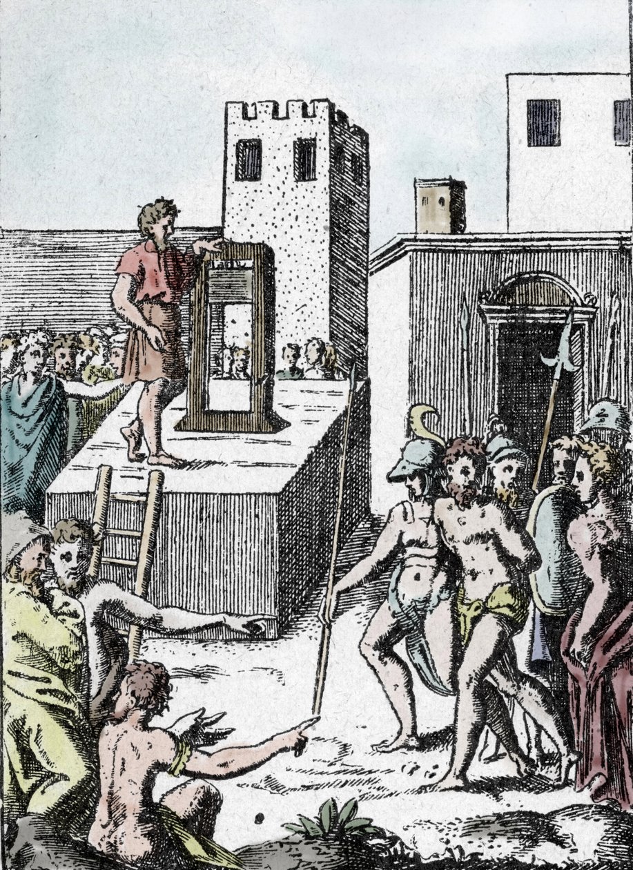 Kuolemanrangaistus: kuolemantuomion täytäntöönpano giljotiinin (kone a decollation) esi-isän kanssa Italiassa nimeltä Mannaia ja suunnitellut Achille Bocchi, vuonna 1555." Kaiverrus Giulio Buonasone (Bonasone) (1498-1574) Manna tekijältä Giulio Bonasone