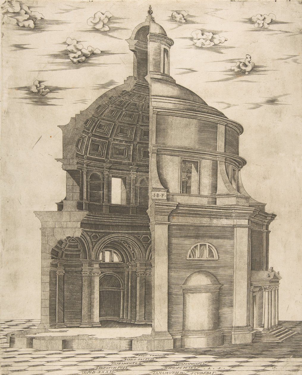 Neptunukselle omistetun Rooman temppelin ulko- ja sisäosa, 1541. tekijältä Giulio Bonasone