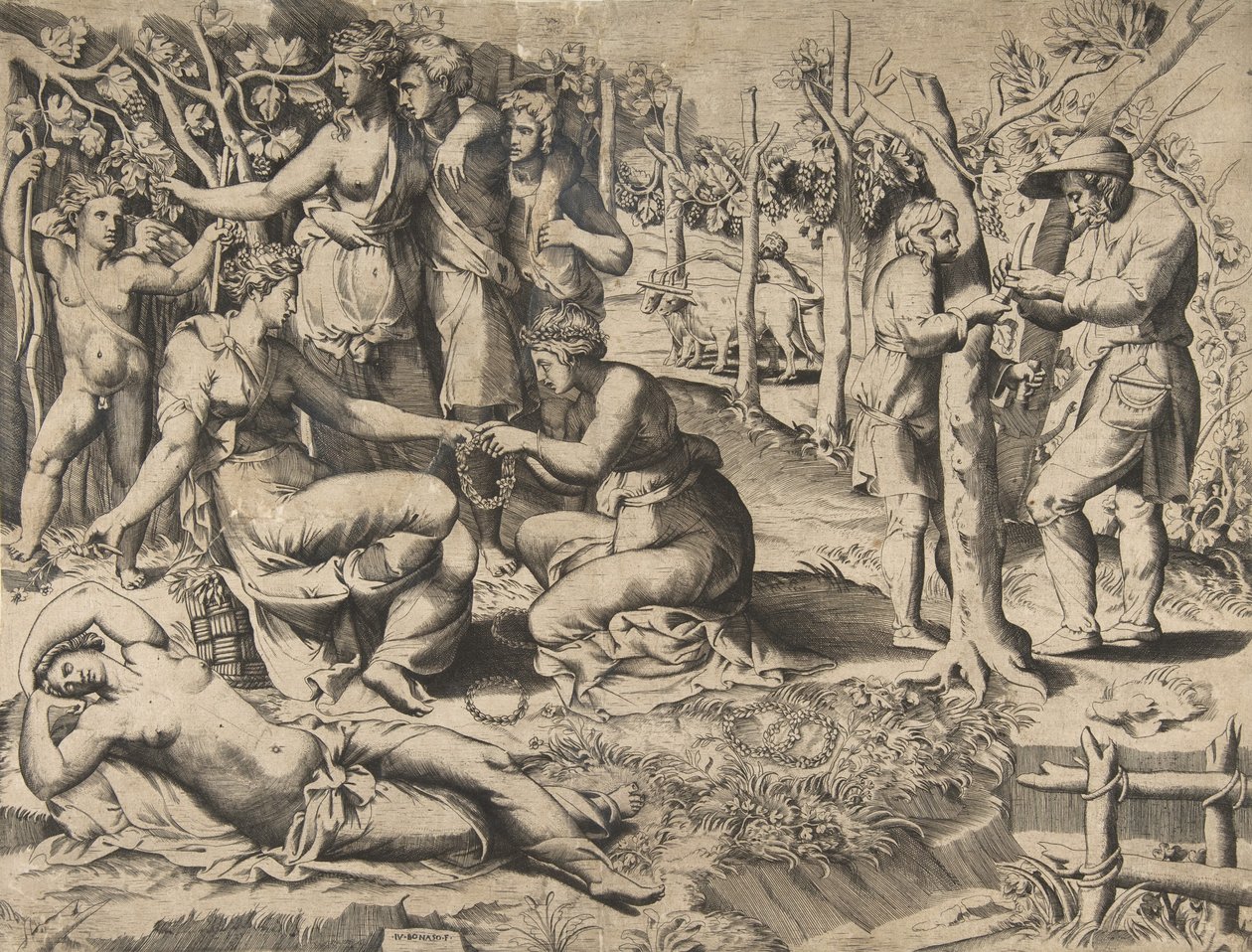 Flora keskellä jakaa seppeleen toiselle naiselle, muiden viikunoiden ympäröimänä, 1500-luvun puoliväli. tekijältä Giulio Bonasone