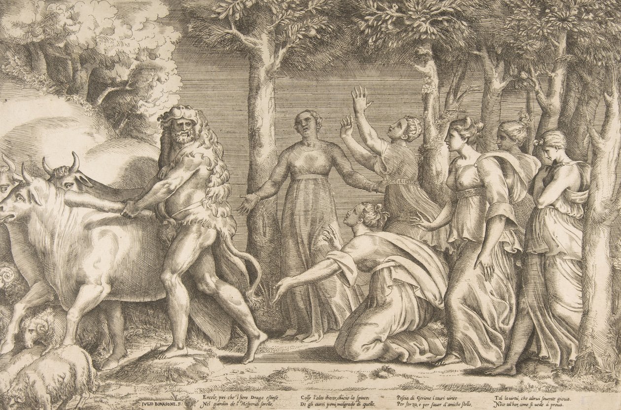 Herkules ajamassa pois Geryonin karjaa, oikealla ovat Hesperidien nymfit, ..., 1531-76. tekijältä Giulio Bonasone