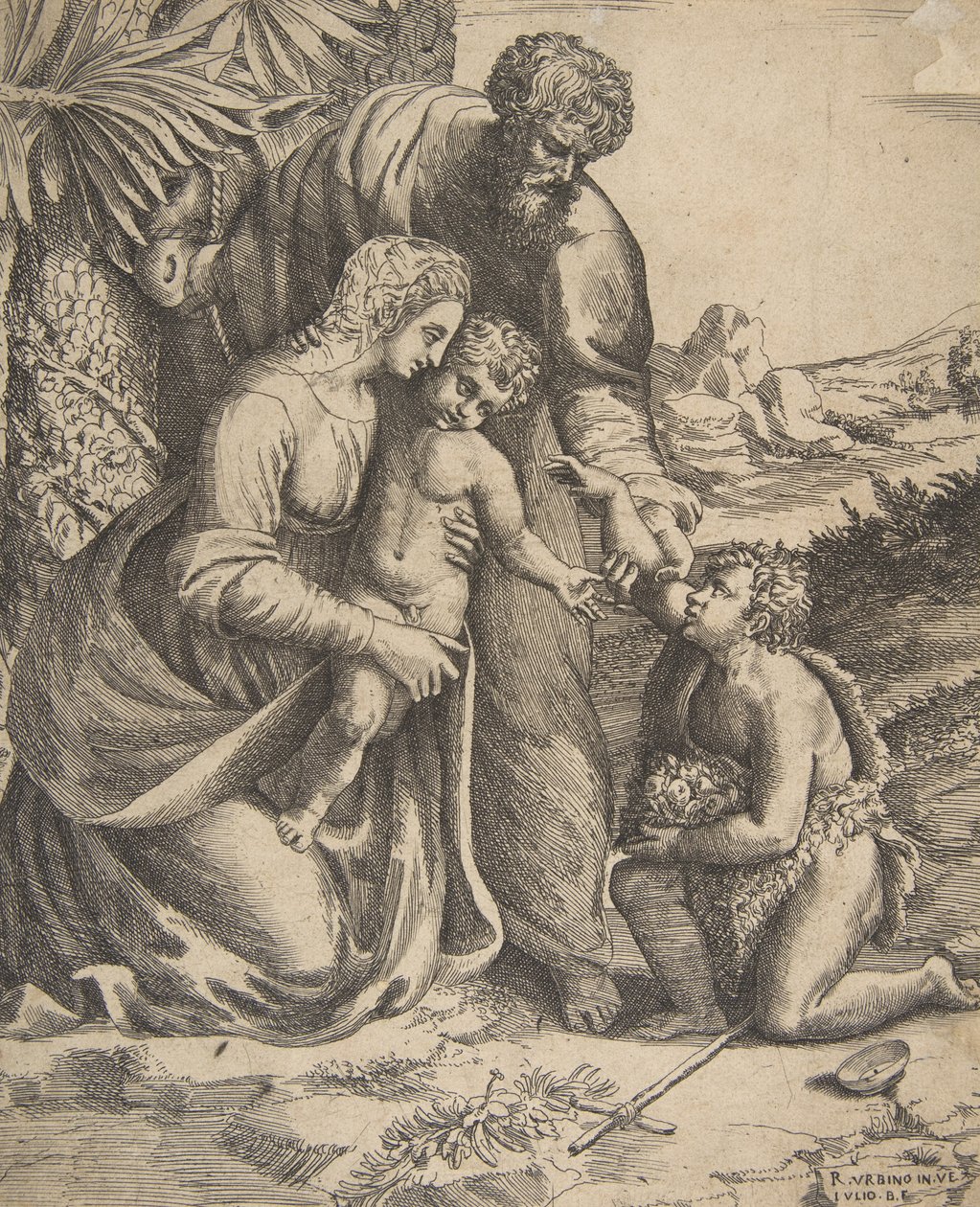 Pyhä perhe oikealla polvistuvan pyhän Johannes Kastajan kanssa, 1531-76. tekijältä Giulio Bonasone