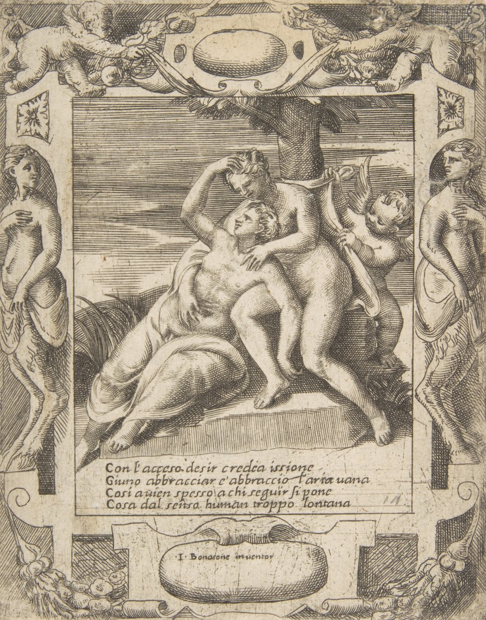 Ixion syleilee pilveä, luullen sen olevan Juno, oikealla Cupido, sijoittuu elokuussa..., 1531-76. tekijältä Giulio Bonasone