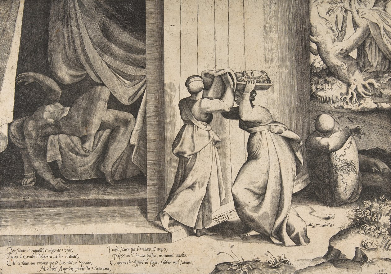 Judith luovuttaa Holofernesin pään palvelijattarelleen, mestatetulle Holofernesille vuonna..., 1531-7 tekijältä Giulio Bonasone