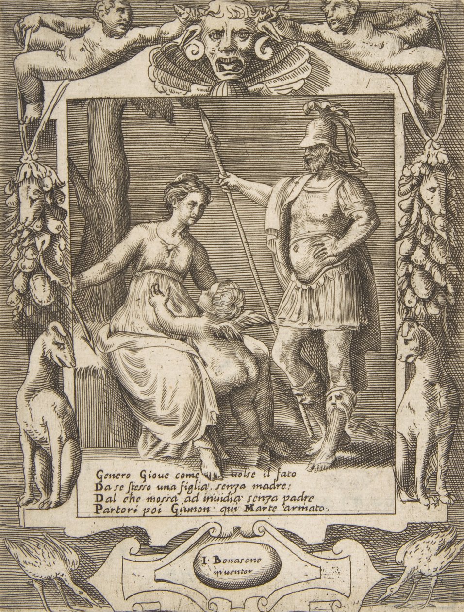 Juno, Mars ja Cupid, sijoittuu pitkälle kehitettyyn kehykseen, elokuvasta "Loves, Rages and Jealous...", 1531-76. tekijältä Giulio Bonasone