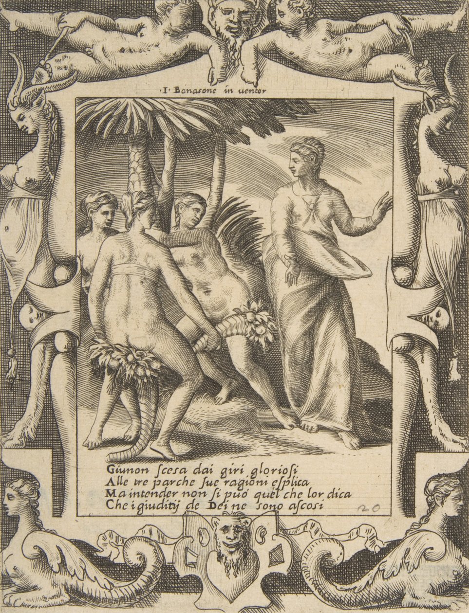 Juno oikealla kääntyy ja puhuu kohtaloille, sijoittuu yksityiskohtaisiin kehyksiin, edestakaisin..., 1531-76. tekijältä Giulio Bonasone