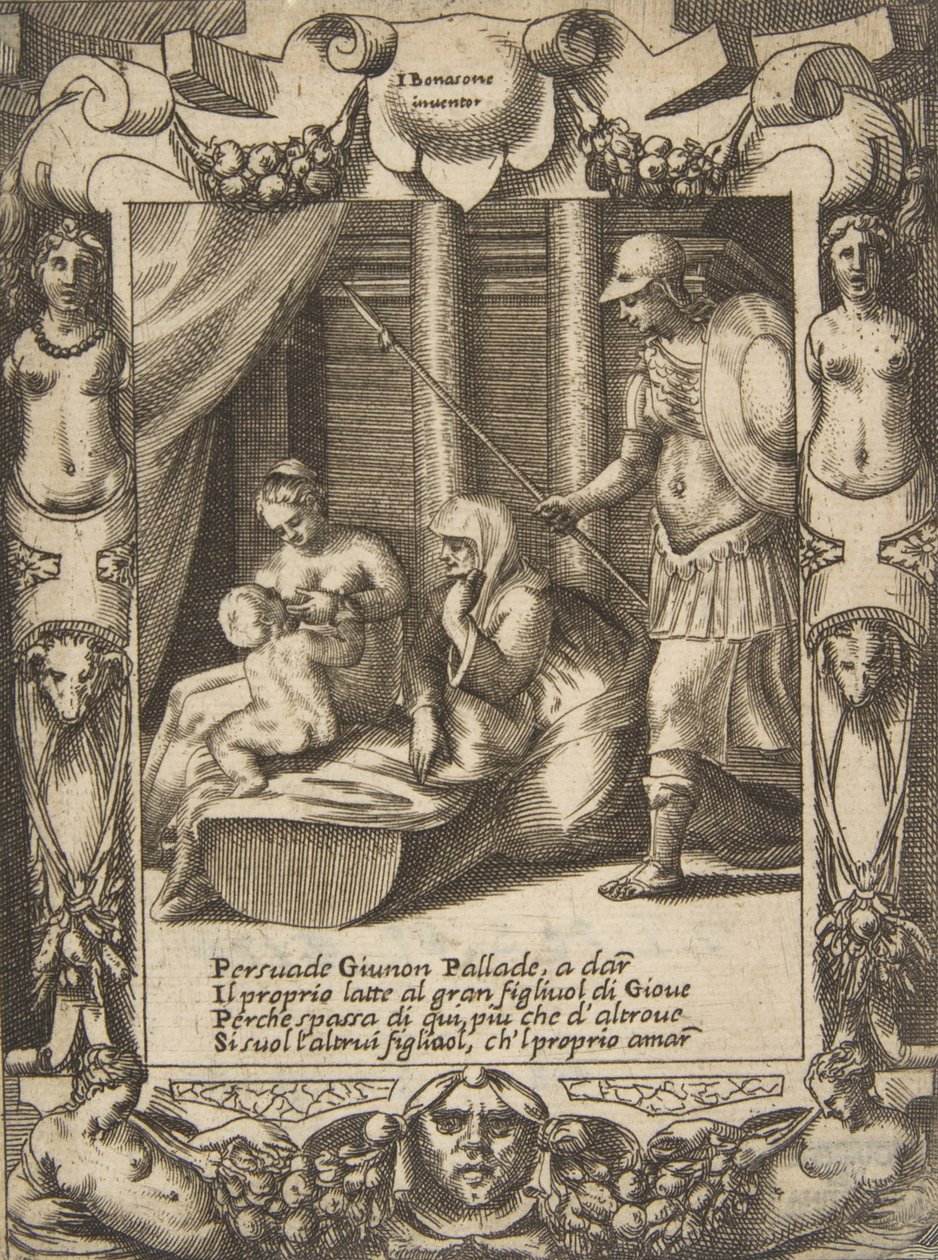 Juno taivuttelee Athenen hoitamaan nuorta Herkulesta, sijoittuu monimutkaisiin kehyksiin..., 1531-76. tekijältä Giulio Bonasone