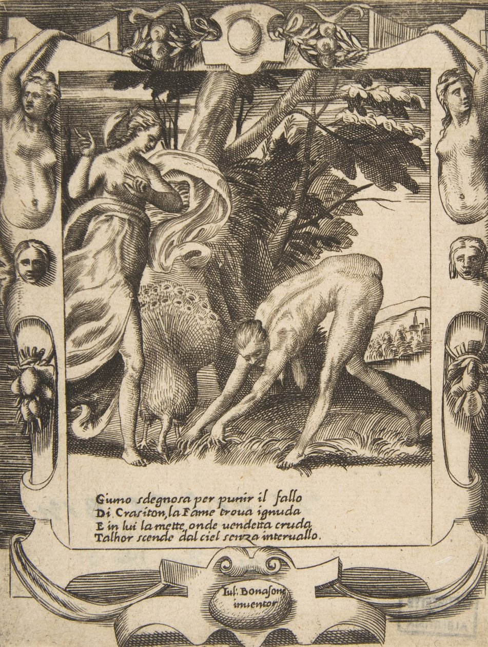 Juno lähettää nälänhätää Crasitonia vastaan, sijoittuu pitkälle kehitettyyn kehykseen, elokuvasta Love, Rages..., 1531-76. tekijältä Giulio Bonasone