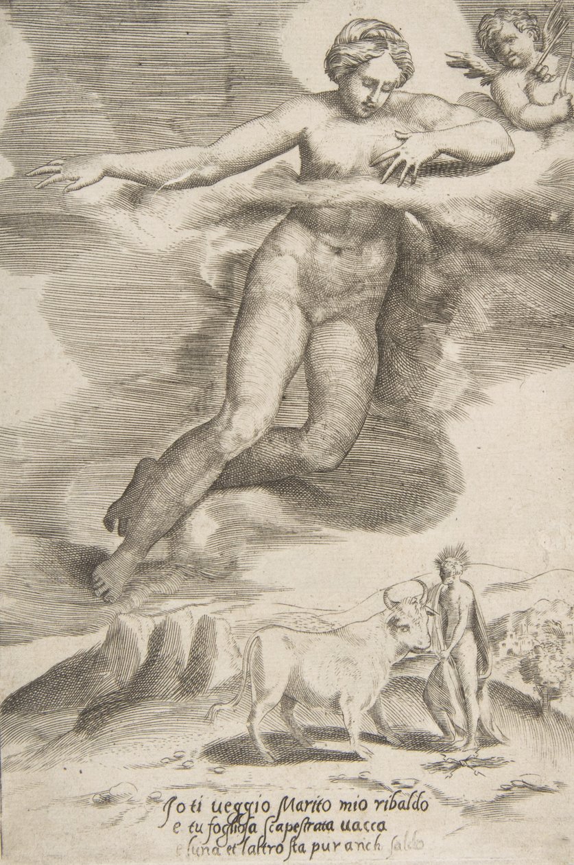 Juno katsomassa Jupiteria ja Ioa elokuvista The Loves of the Gods, 1531-60. tekijältä Giulio Bonasone