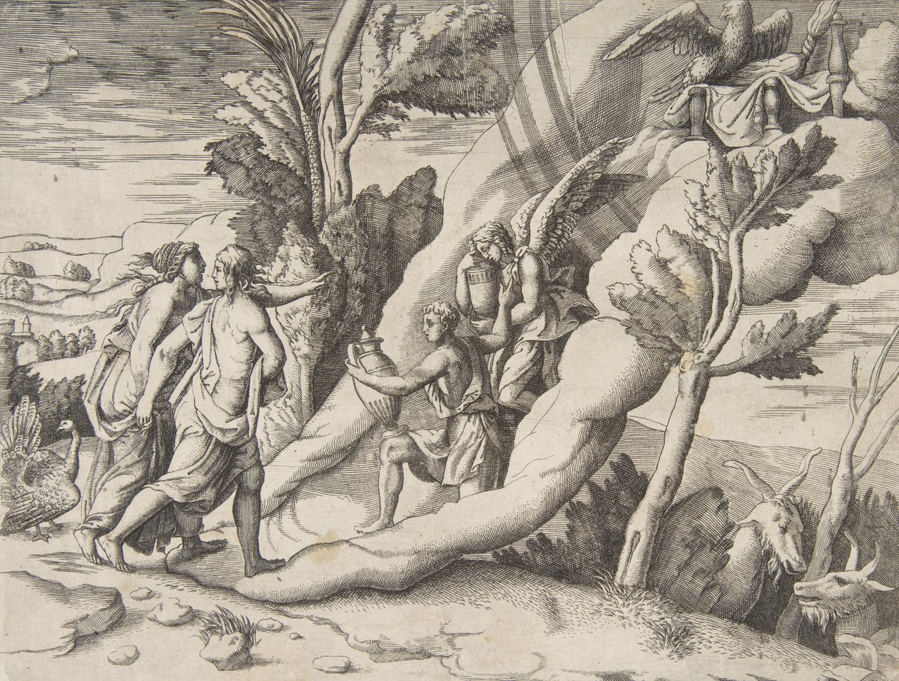 Ganymedes ja Hebe ottavat vastaan Jupiterin ja Junon taivaassa divisioonalta..., 1531-76. tekijältä Giulio Bonasone