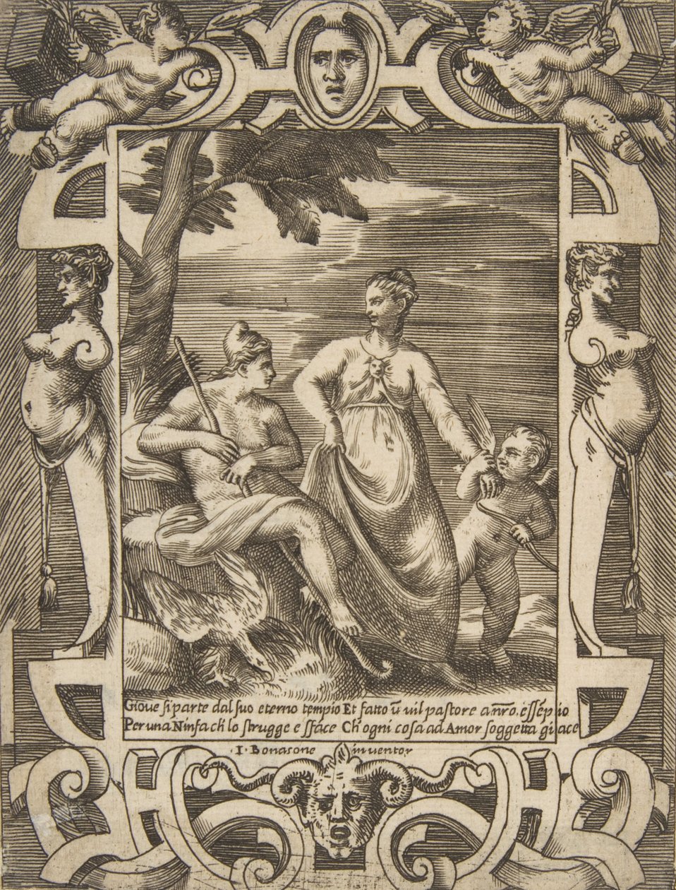 Jupiter vasemmalla paimenen muodossa Mnemosynen seurassa, sijoittuu eloon..., 1531-76. tekijältä Giulio Bonasone