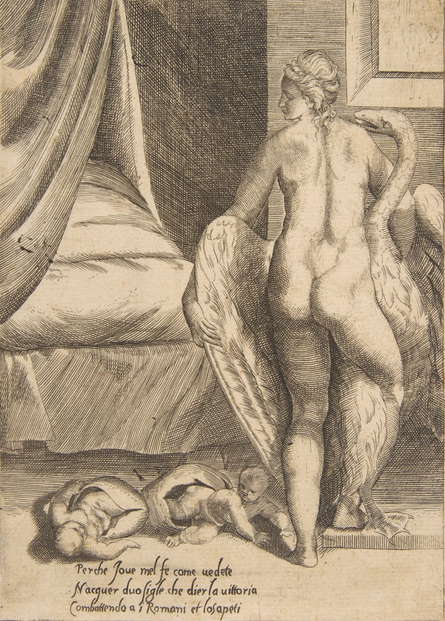 Leda ja joutsen, teoksesta The Loves of the Gods, 1531-76. tekijältä Giulio Bonasone