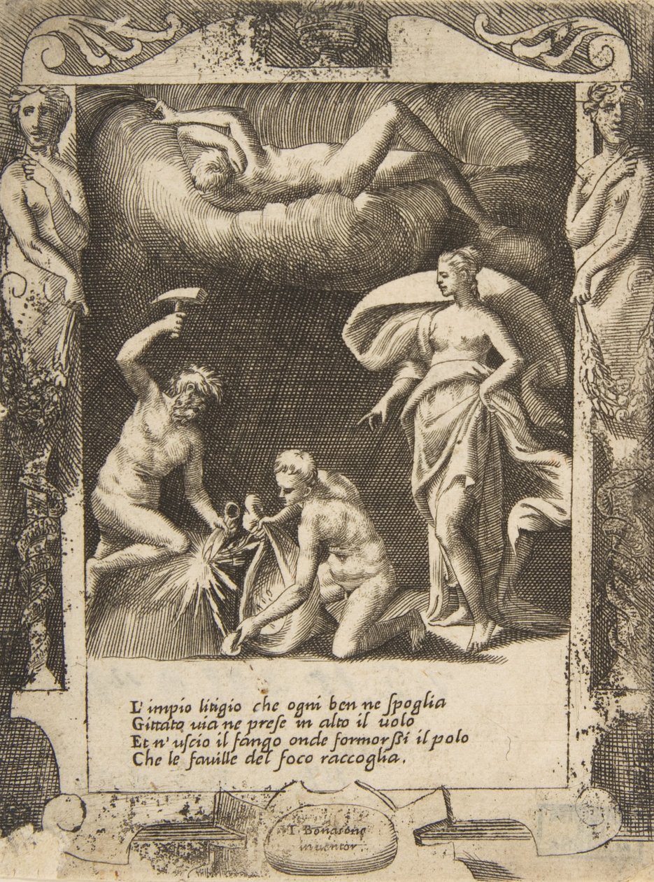 Litigium poistettiin Chaosin ruumiista, kun hänen äitinsä heitetään ilmaan, sijoittui..., 1531-76. tekijältä Giulio Bonasone