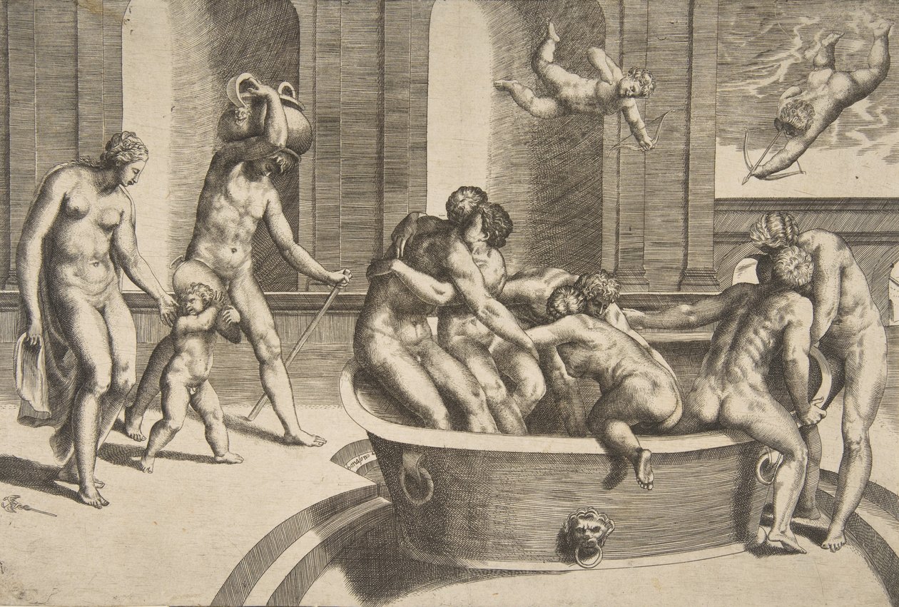 Miehet ja naiset kylpemässä, jotkut syleilevät, 1531-76. tekijältä Giulio Bonasone
