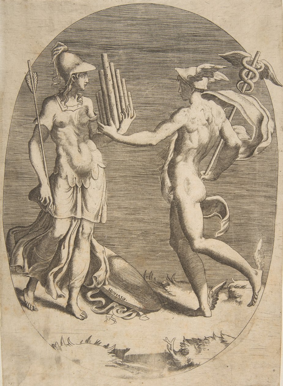Merkurius esittelee pannupilliä Minervalle, joka seisoo vasemmalla, soikea sävellys, 1531-76. tekijältä Giulio Bonasone