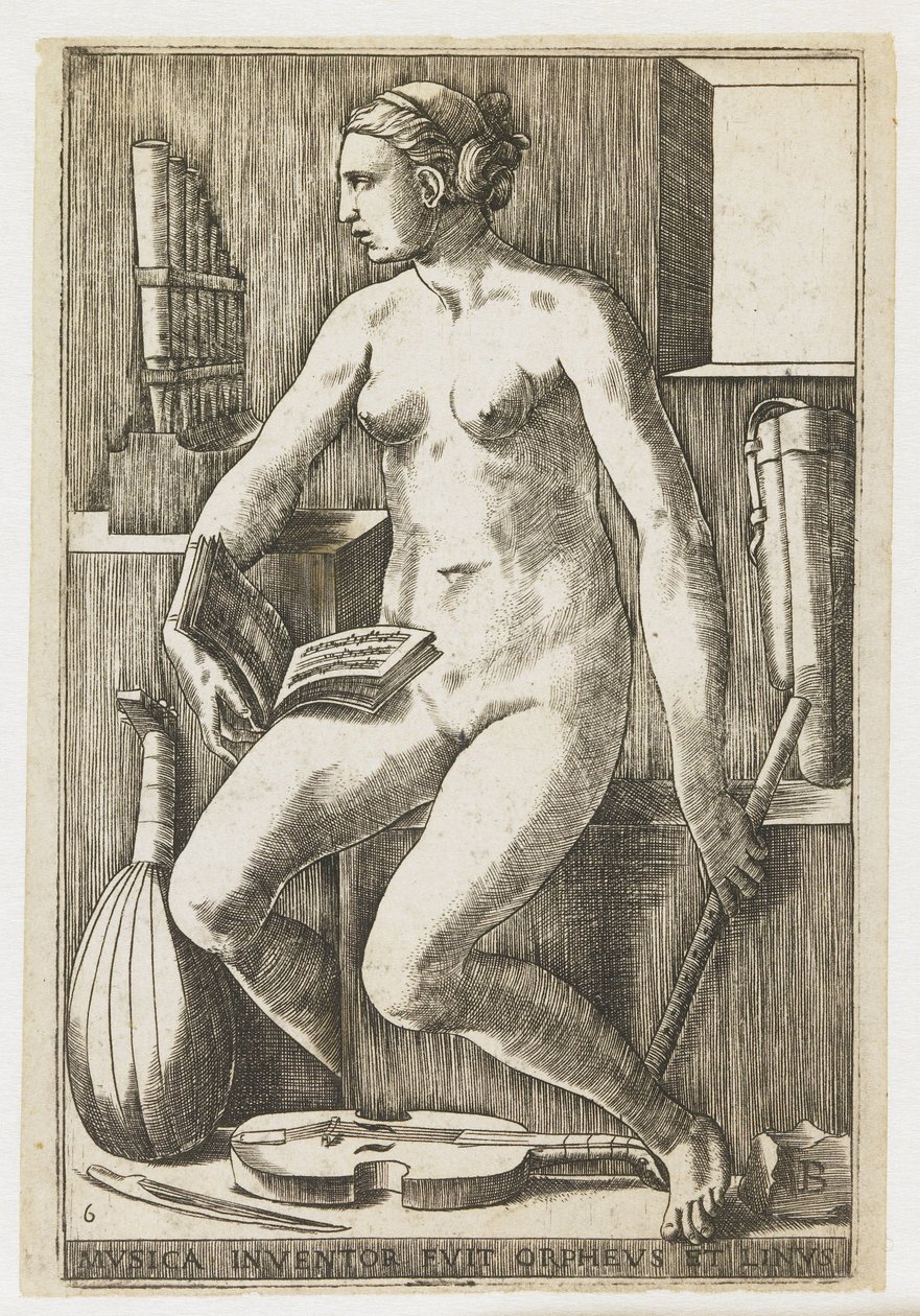 Musica Musican keksijä fuit Orpheus et Linus (otsikko esineessä) The Seven Liberal Arts (sarjan nimi) tekijältä Giulio Bonasone