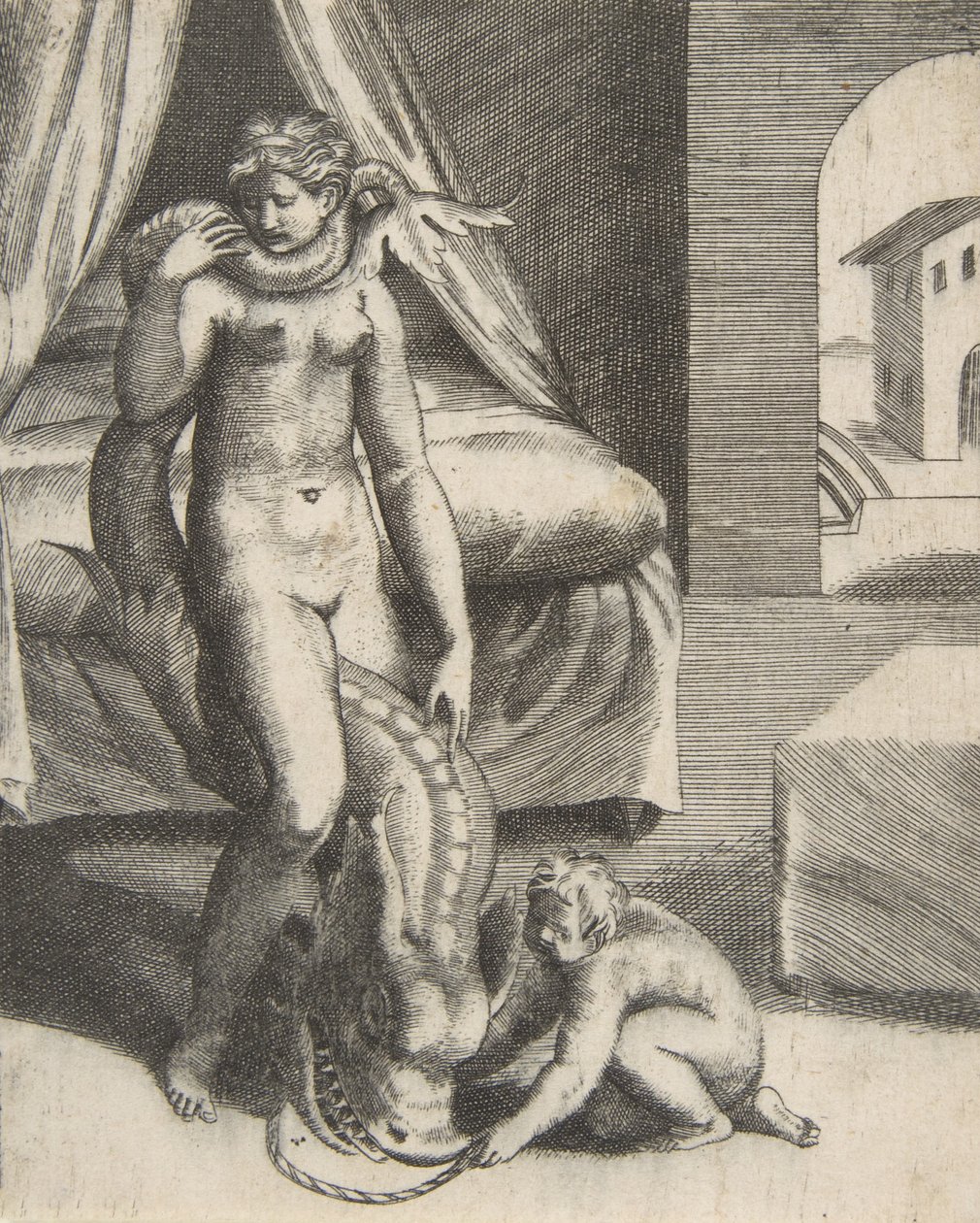 Neptunus ja Melanthe, teoksesta The Loves of the Gods, noin 1531-76. tekijältä Giulio Bonasone
