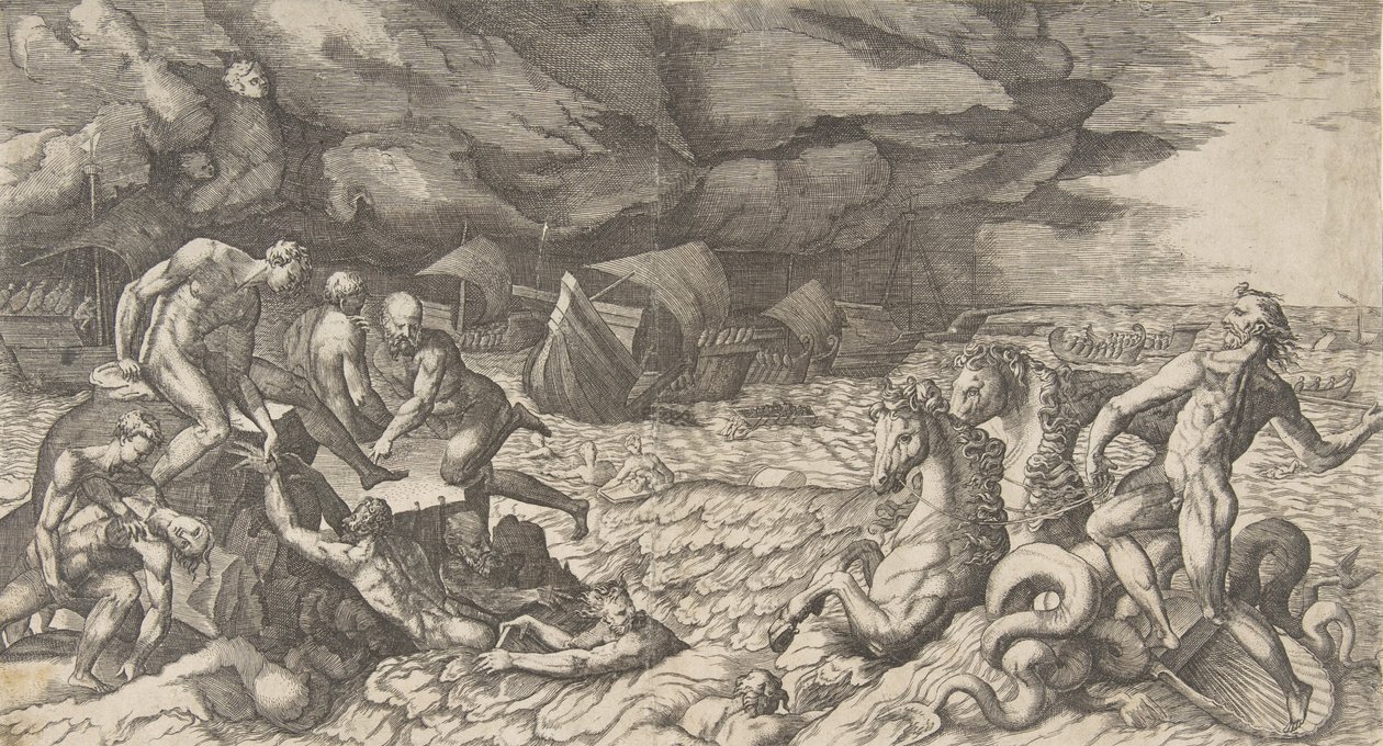 Neptunus rauhoittaa Aeneas-laivastoa vastaan nostettua myrskyä, 1531-76. tekijältä Giulio Bonasone