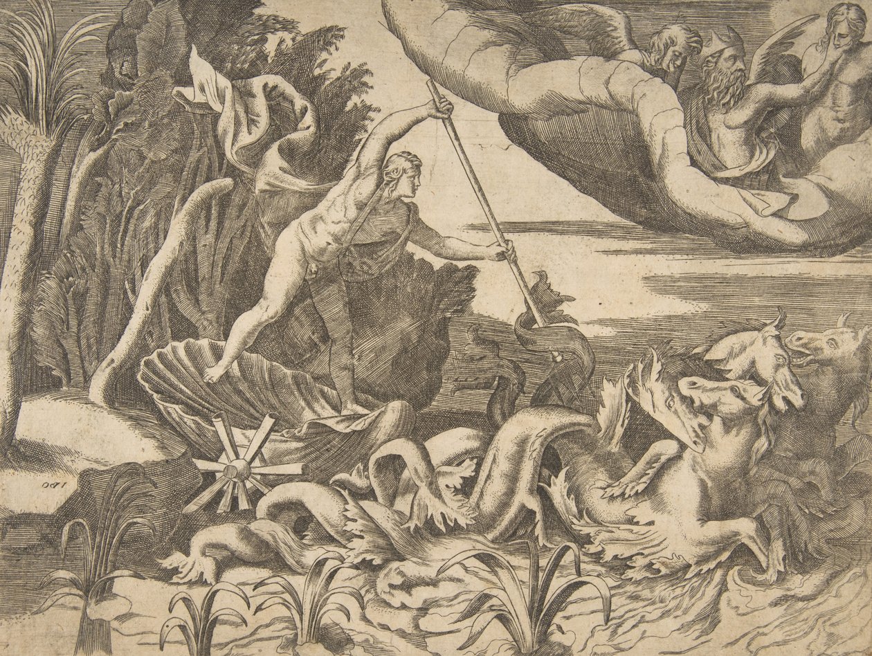 Merihevoset vetivät Neptunusta vaunussaan "Universumin jaosta", 1..., 1531-76. tekijältä Giulio Bonasone