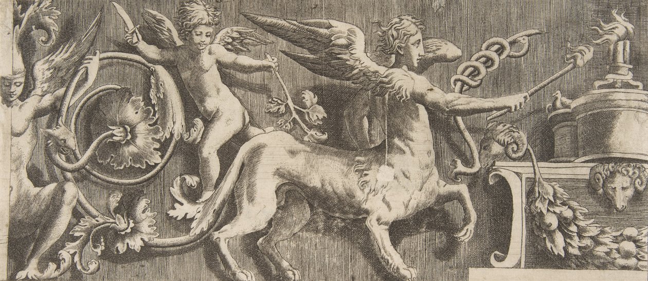 Ornamenttifriisi ja siivekäs kentaur, 1531-76. tekijältä Giulio Bonasone