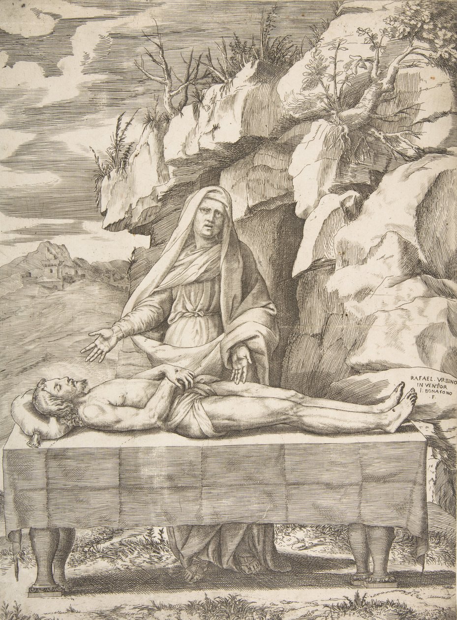 Pieta, Kristus ojennettuna pöydällä maisemassa, Neitsyt käsivarsien takana..., 1531-76. tekijältä Giulio Bonasone