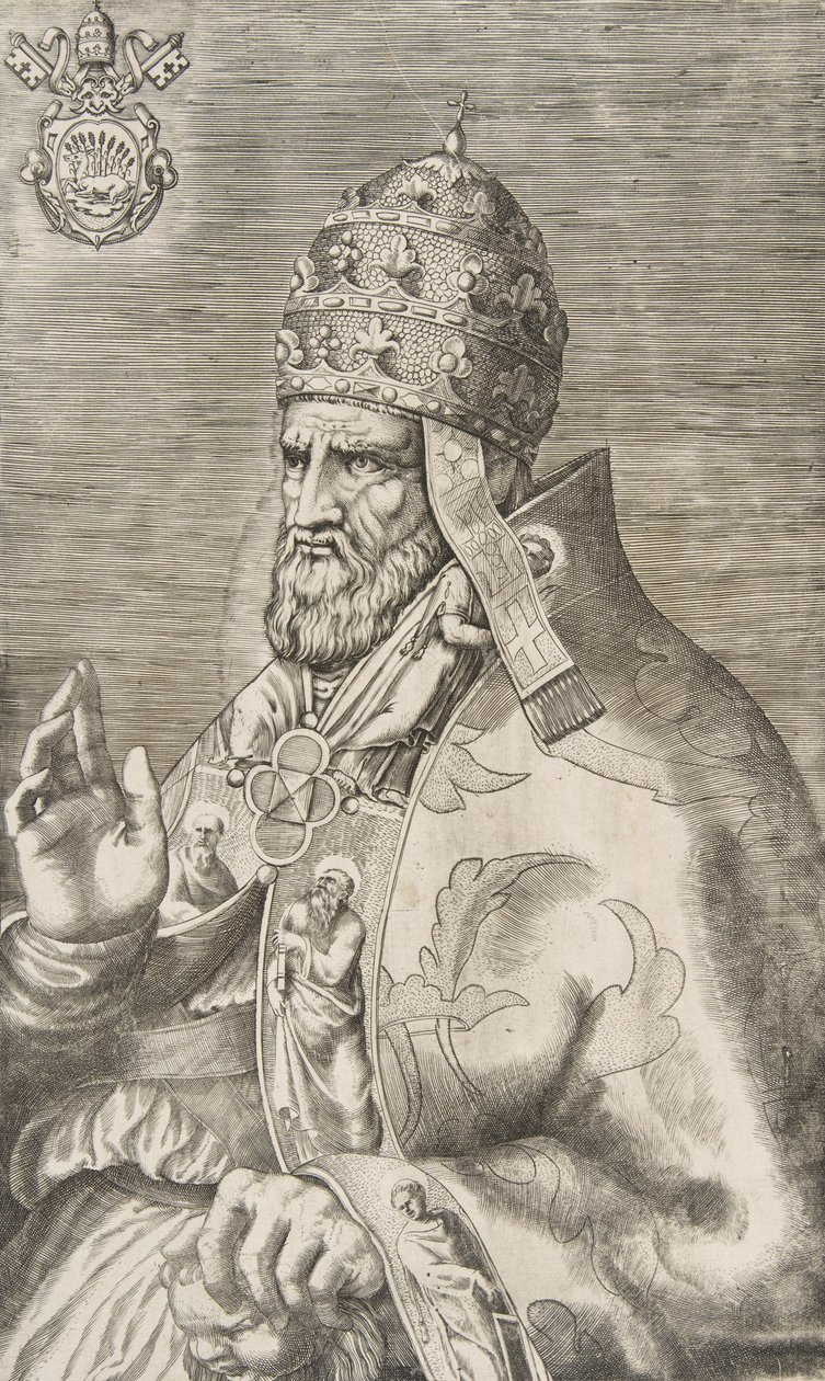 Paavi Marcellus II:n muotokuva, oikea käsi kohotettuna vasemmalle päin, n. 1555. tekijältä Giulio Bonasone