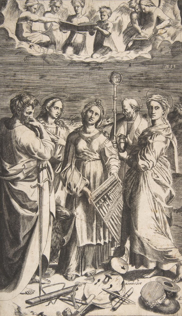 Pyhä Cecilia seisoo keskellä Pyhän Paavalin, Magdaleenan, Pyhän Johanneksen..., 1531. tekijältä Giulio Bonasone