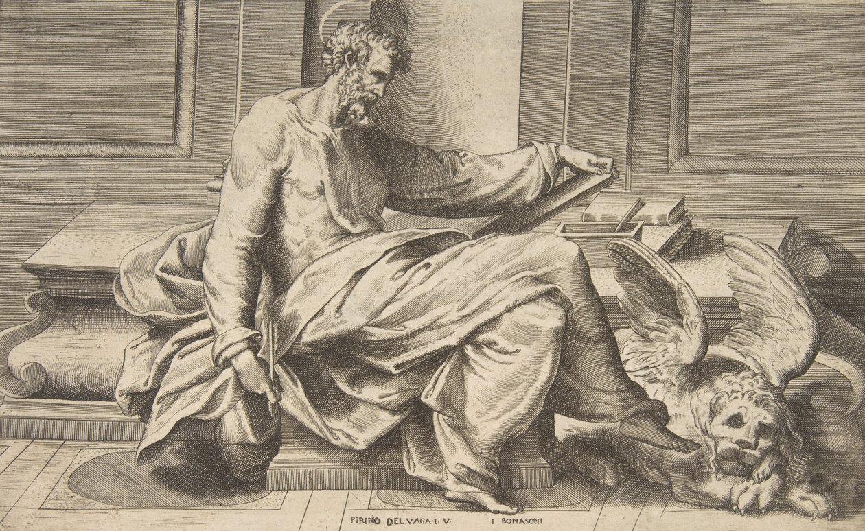 Pyhä Markus kirjoittaa evankeliumiaan, siivekäs leijona oikealla, 1531-76. tekijältä Giulio Bonasone
