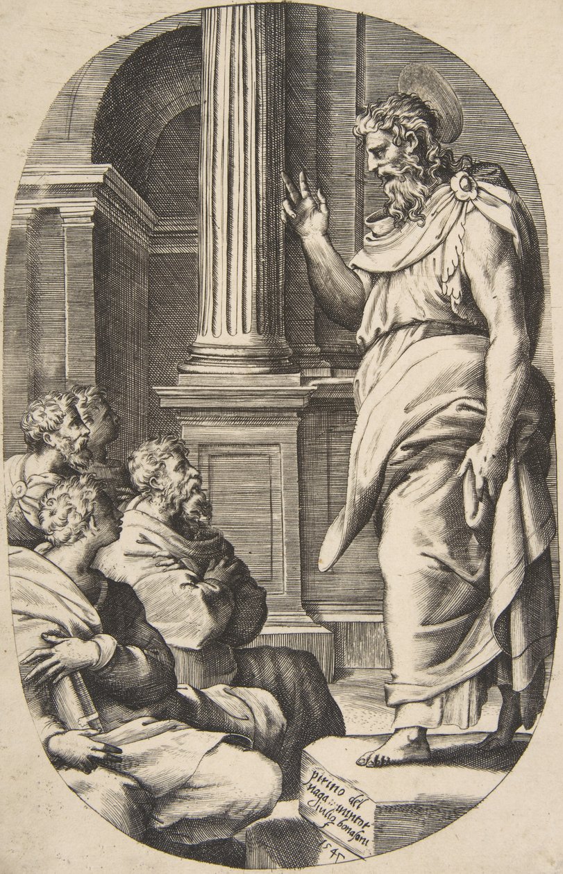 Saint Paul Preaching, soikea sävellys, 1547. tekijältä Giulio Bonasone