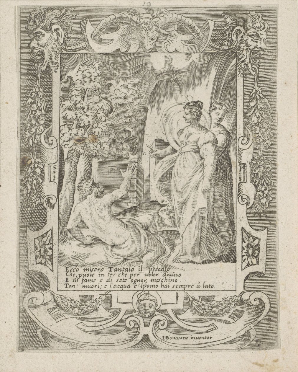 Tantalus puhuu Dianalle Junon rakkaus, viha ja mustasukkaisuus (sarjan nimi) Amori sdegni et gielosie di Giunone (sarjan nimi) tekijältä Giulio Bonasone