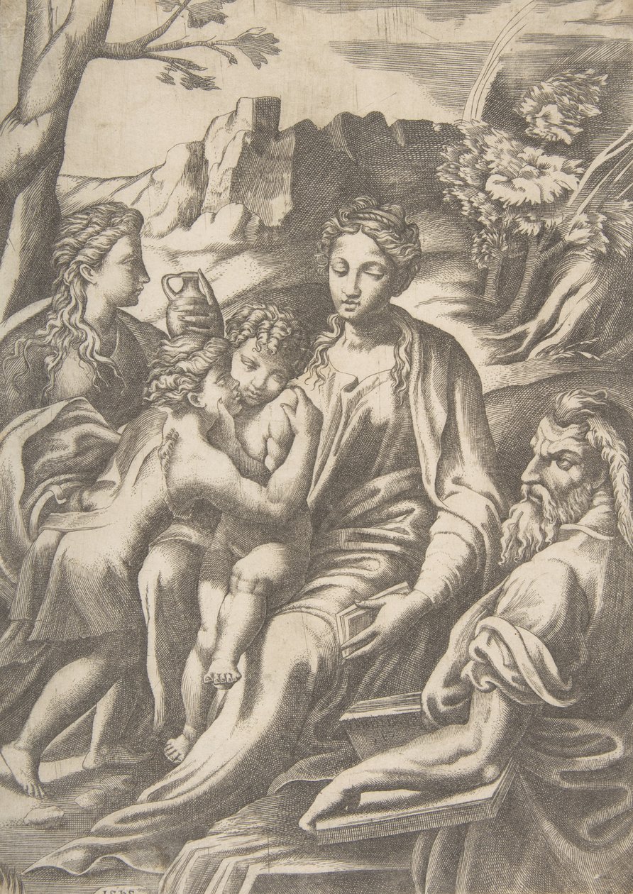 Pyhä perhe Maria Magdaleena ja Johannes Kastaja, joka syleilee Kristusta, 1543. tekijältä Giulio Bonasone