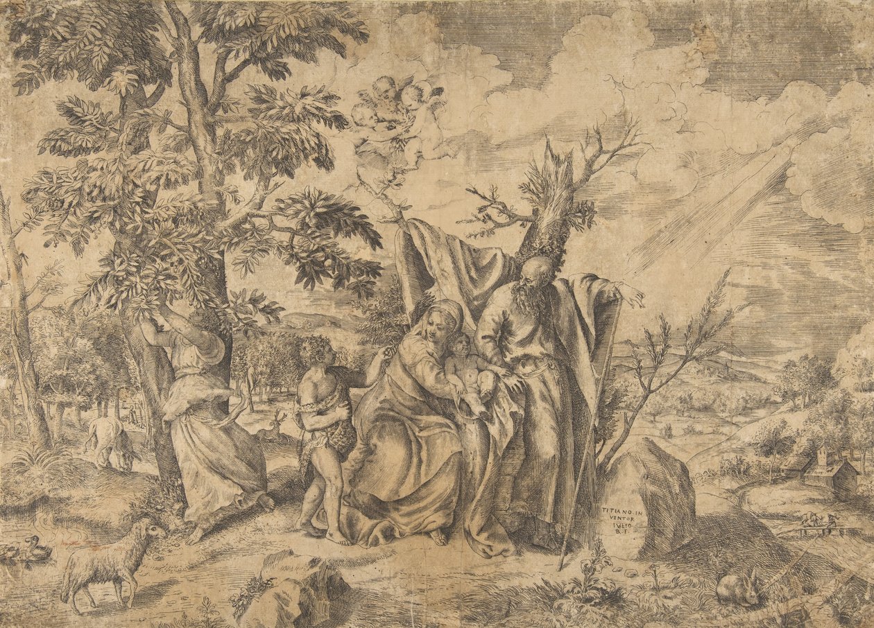 Lepo lennossa Egyptiin, Joosef oikealla, Neitsyt pitelee Kristuslapsia..., 1531-76. tekijältä Giulio Bonasone