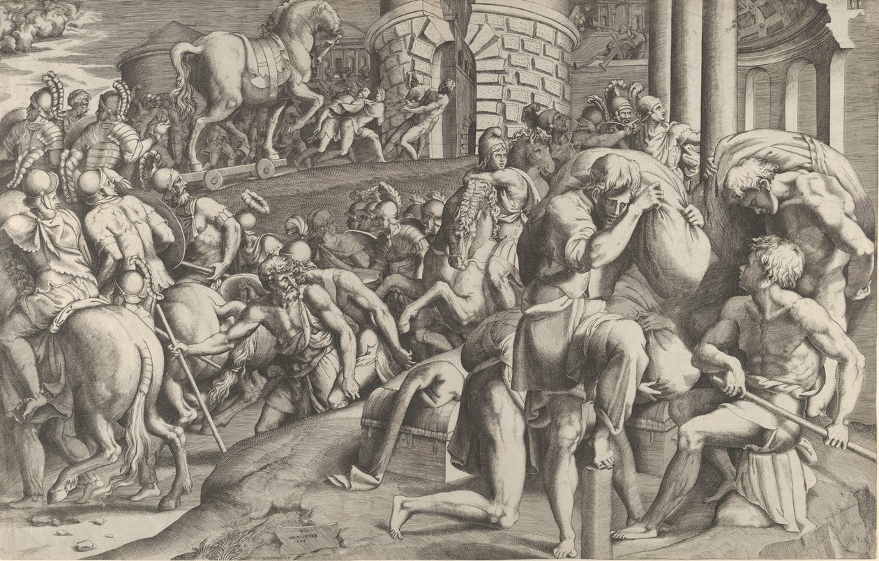 Troijalaiset vetävät puuhevosen Troijaan, 1545. tekijältä Giulio Bonasone