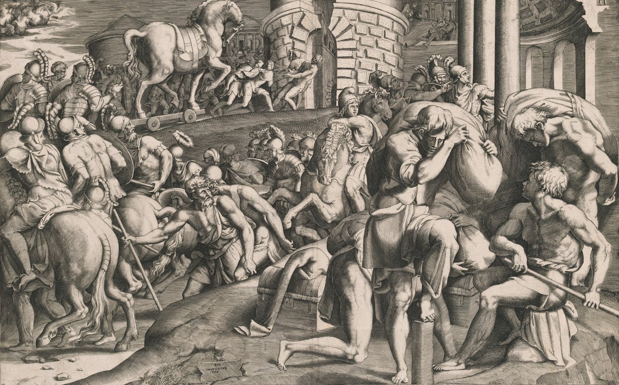 Troijalaiset veivät puuhevosen kaupunkiin, 1545. tekijältä Giulio Bonasone