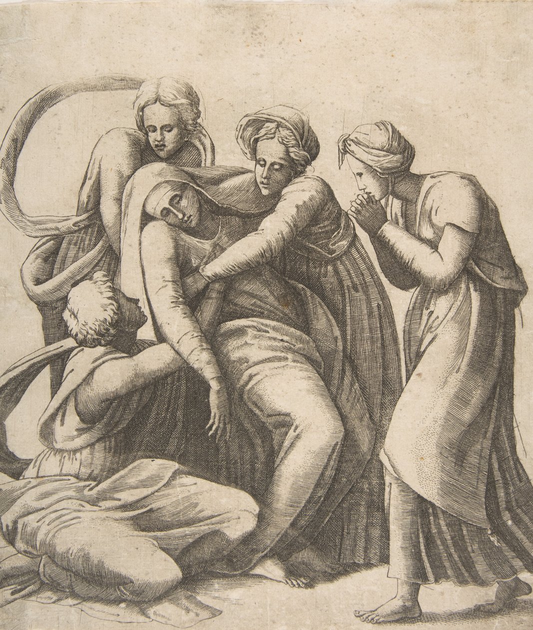 Neitsyt pyörtymässä ja tuettuina pyhien naisten käsivarsissa, 1531-76. tekijältä Giulio Bonasone
