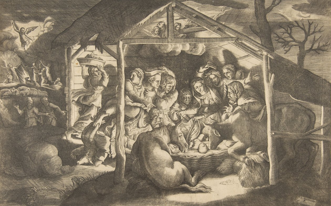 Paimenten palvonta, erilaiset Kristus-lapsen ympärillä olevat hahmot vuosisadalla..., 1531-76. tekijältä Giulio Bonasone
