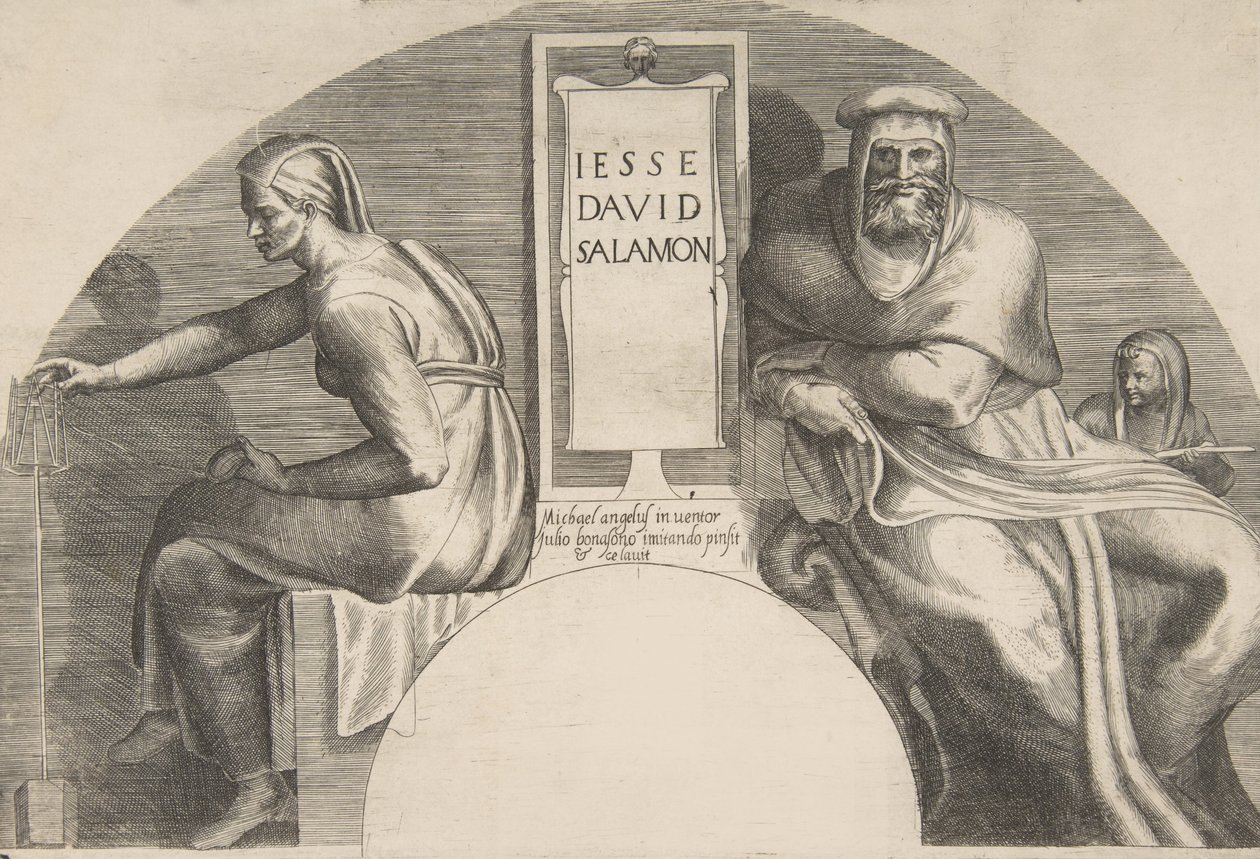 Kristuksen esi-isät reunustavat kaiverrettua taulua, kaarevaa yläosaa, 1531-76. tekijältä Giulio Bonasone