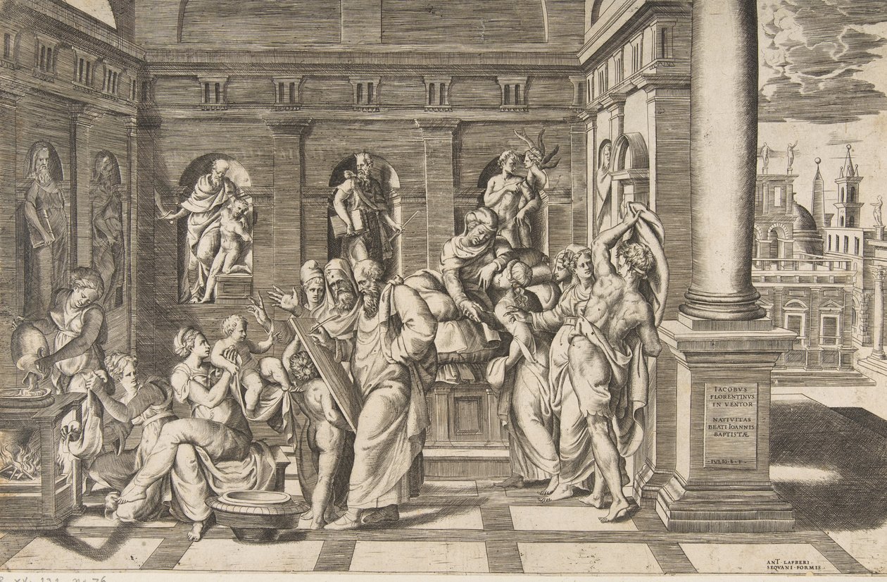 Pyhän Johannes Kastajan syntymä klassisessa rakennuksessa, noin 1531-76 tekijältä Giulio Bonasone