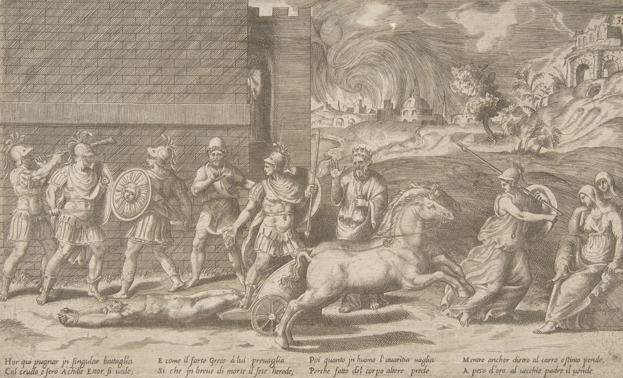 Hektorin ja Akilleuksen taistelu ja Akhilleus raahaamassa Hektorin ruumista ympäri ..., 1531-76. tekijältä Giulio Bonasone