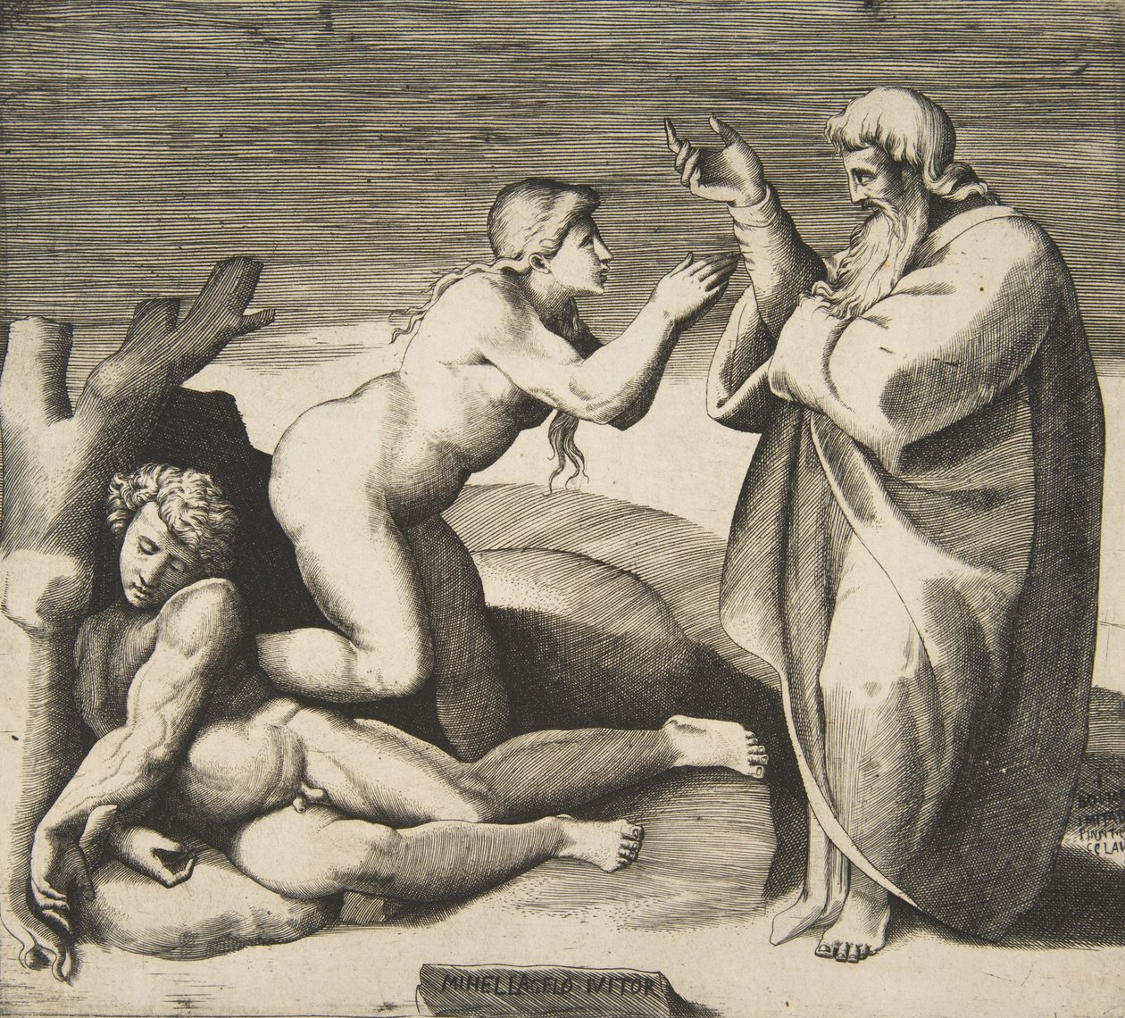 Aadamin takaa nousevan Eevan luominen, n. 1530-70. tekijältä Giulio Bonasone
