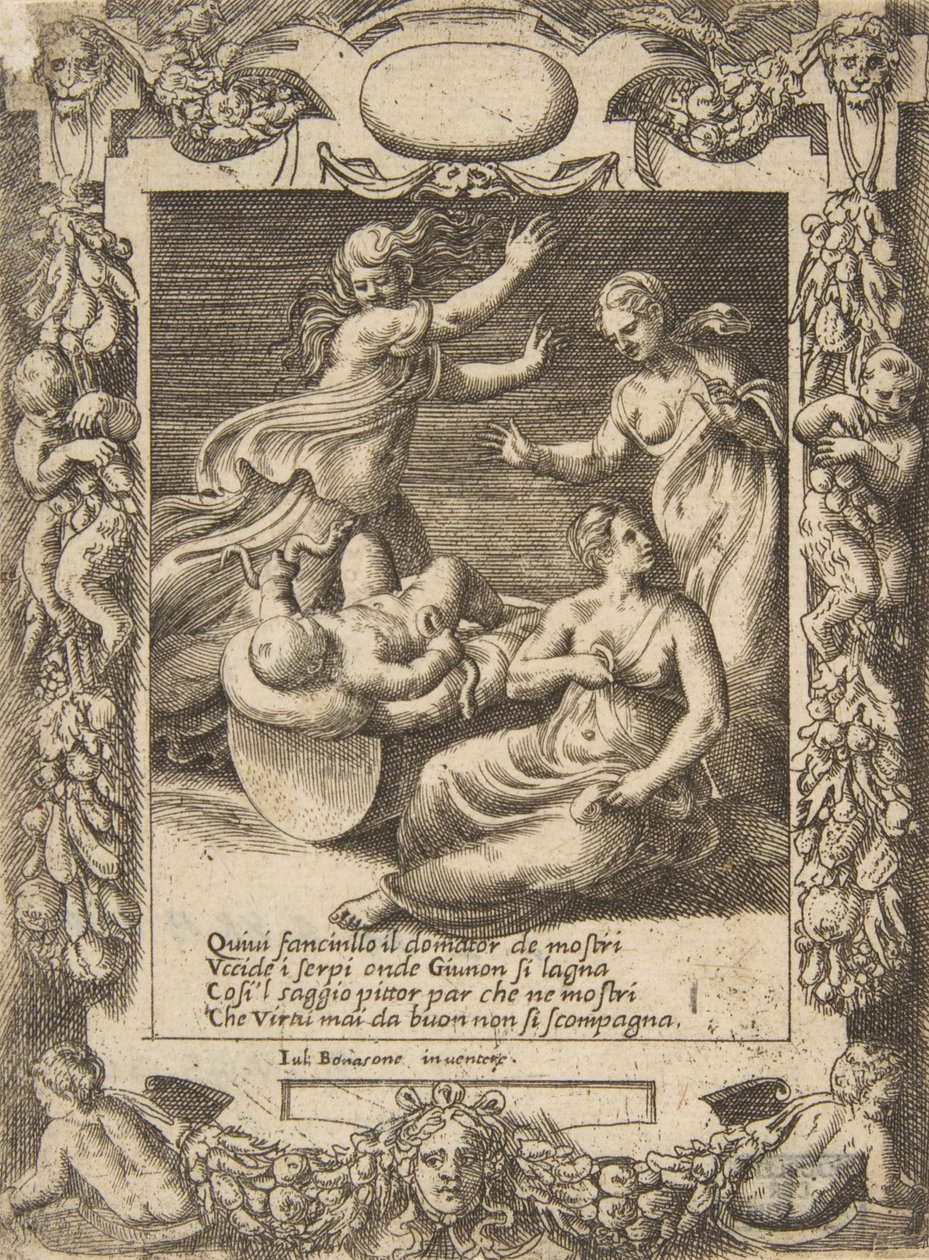 Herkules-lapsi tappamassa käärmeitä, sijoittuneena monimutkaisiin kehyksiin, sarjasta "Loves,...", 1531-76. tekijältä Giulio Bonasone