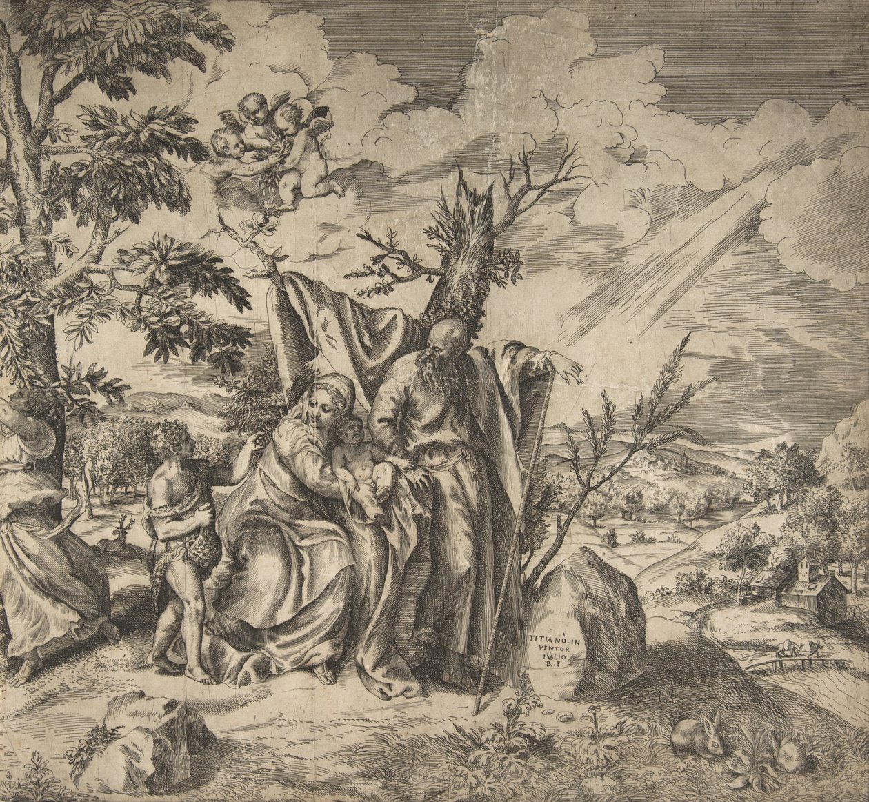 Loput Pyhästä perheestä lennossa Egyptiin, 1531-76. tekijältä Giulio Bonasone