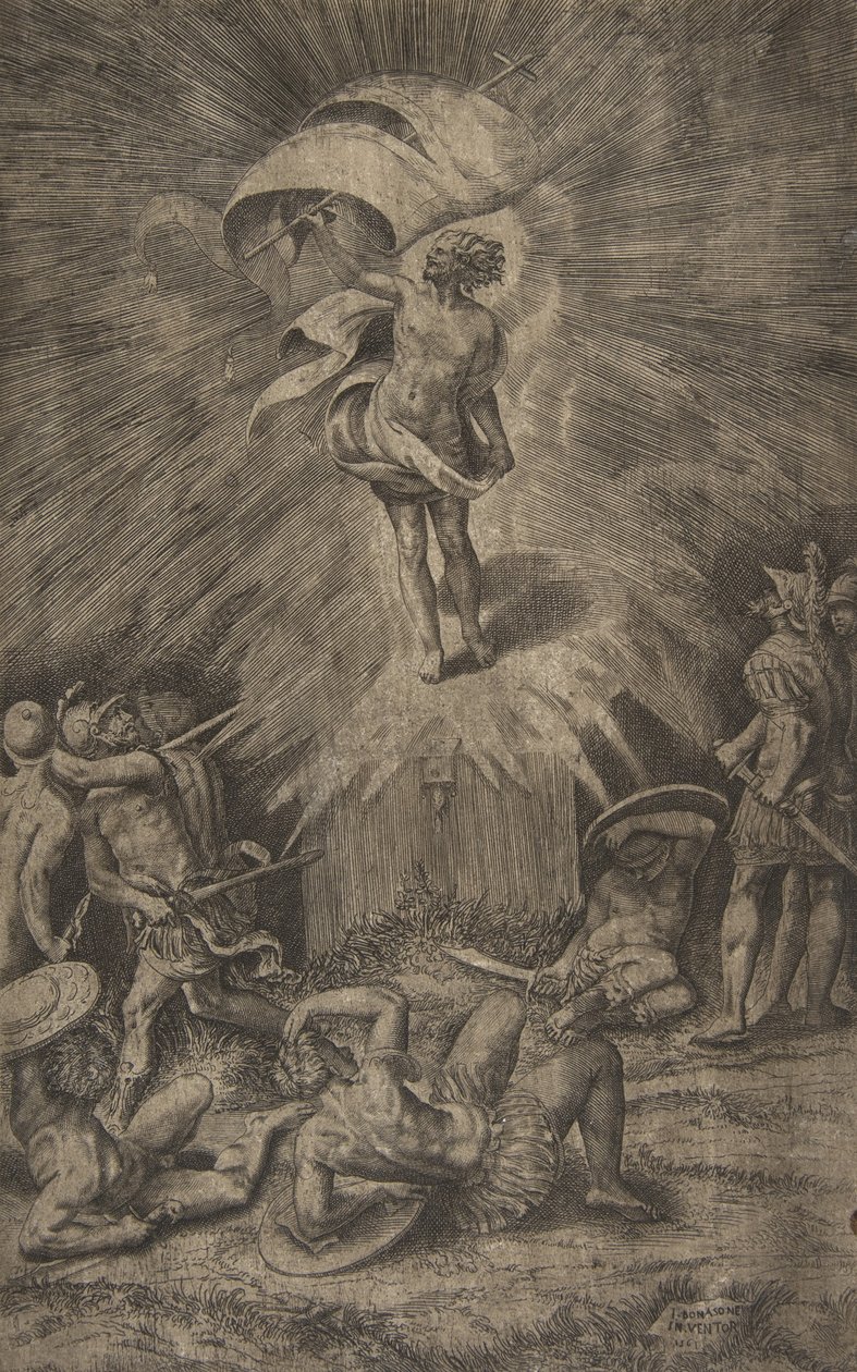 Kristuksen ylösnousemus, lippu oikeassa kädessään, sotilaat ympärillä t..., 1561. tekijältä Giulio Bonasone