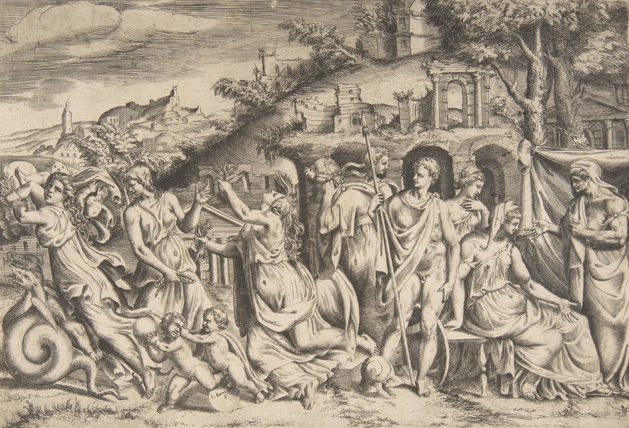 Tarina Jasonista ja Medeasta vasemmalla hän kantaa pois poikansa, keskellä hän on ..., 1531-76. tekijältä Giulio Bonasone